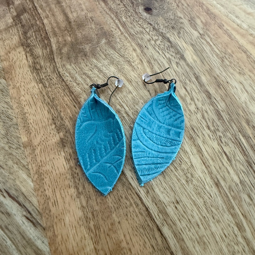 Blue Leaf Leather Earrings